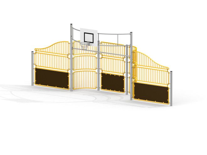 Yellow Jordan playground basketball hoop with surrounding fence.