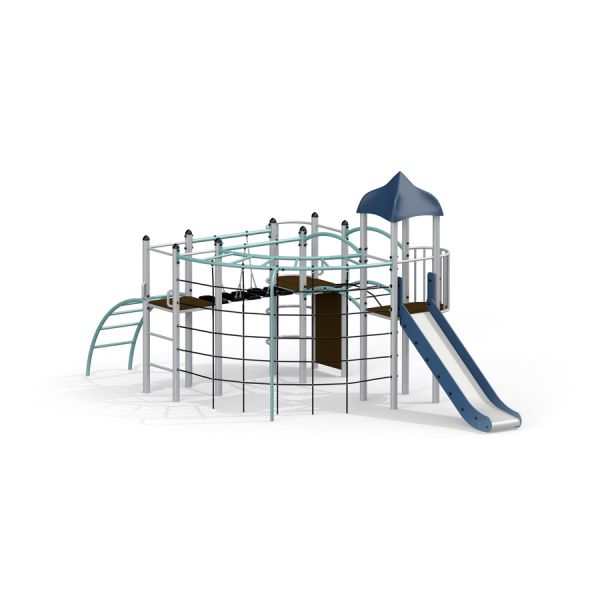 Butterfly steel structure playground with slide and climbing nets.