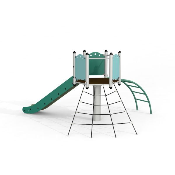 Playground Crow's Nest steel structure with slide and climbing net