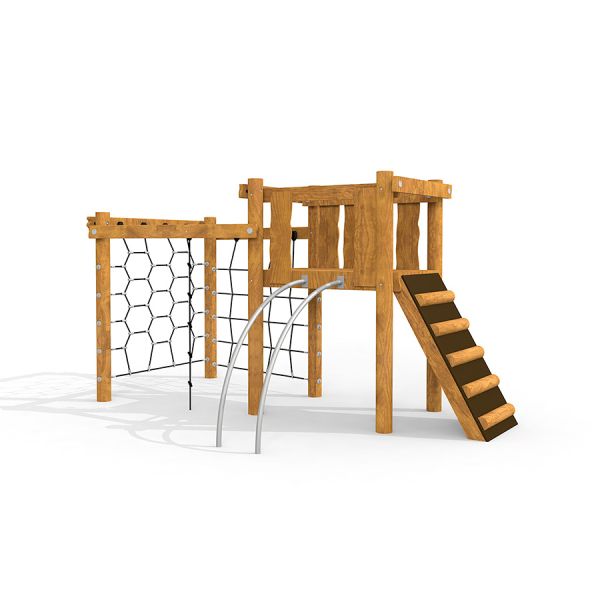 Kampinos wooden playhouse with climbing net and ladder.