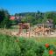 Outdoor play structure Alv in a lush green park with red flowers.