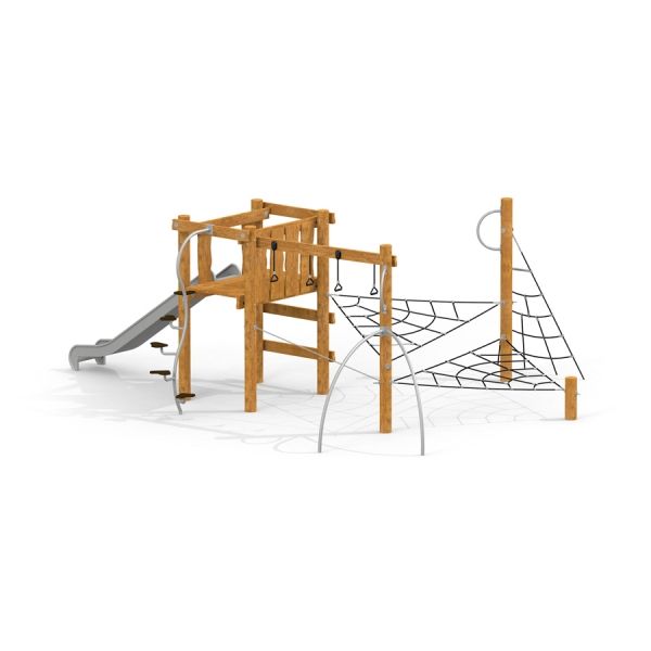 Children's playground structure with slide, climbing net, and Alv wooden frame.