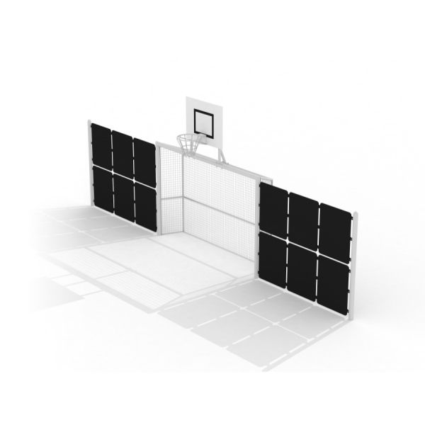 Outdoor multi-sport court Goal with basketball hoop and side barriers.