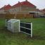 Soccer goal cage on a grass field in a residential area.