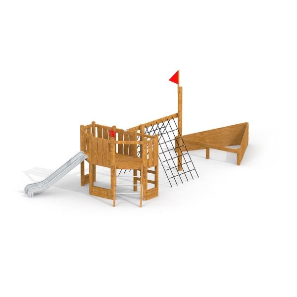 Nature Ship Sandbox, wooden playhouse with slide and climbing net.