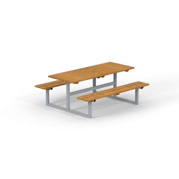 Table & Bench set with wooden top and seats on a steel frame