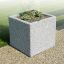 Square stone planter Rosaly with plants on a paved patio.