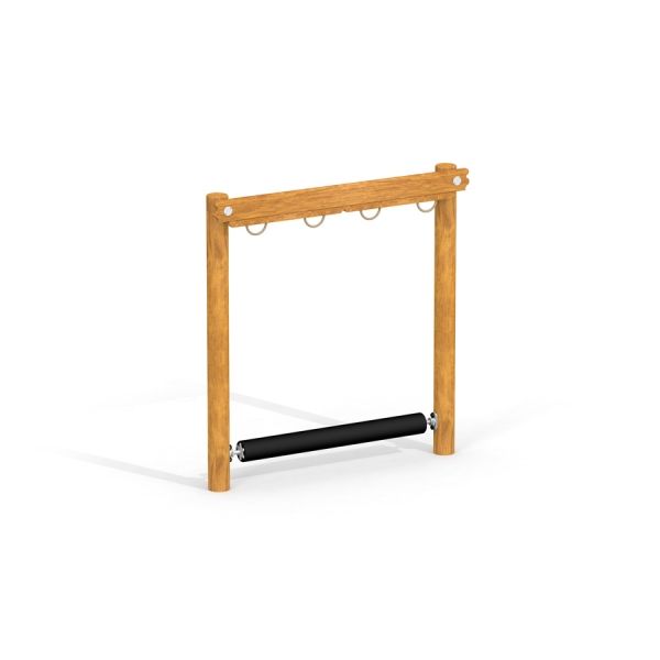 Wooden playground equipment with black Barrel balance roller.