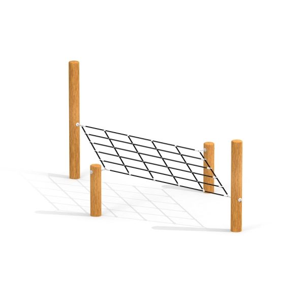 Diamond net playground equipment with wooden posts and black netting