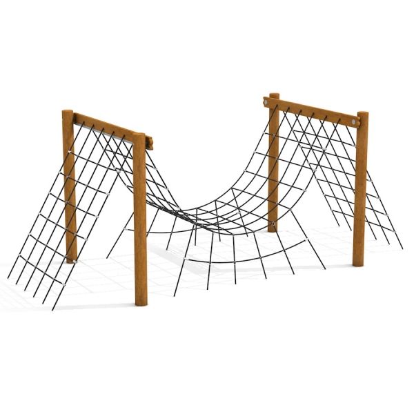 Wooden frame climbing net structure for children.