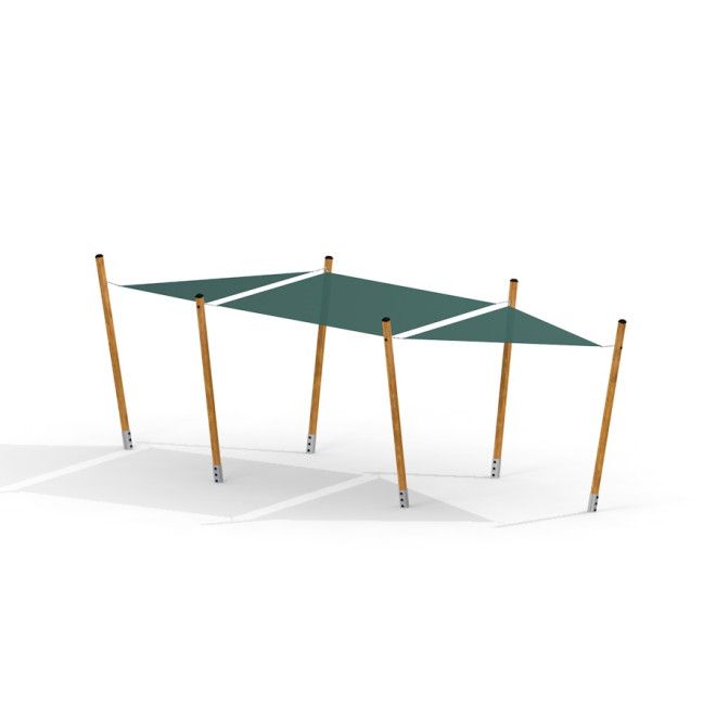 Sun Shades playground canopy with wooden posts and green fabric panels providing shade.