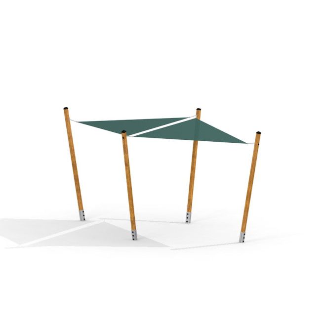 Sun Shades triangular green shade sail with wooden posts for playground equipment.