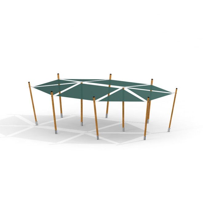 Sun Shades playground canopy with wooden poles and green fabric panels