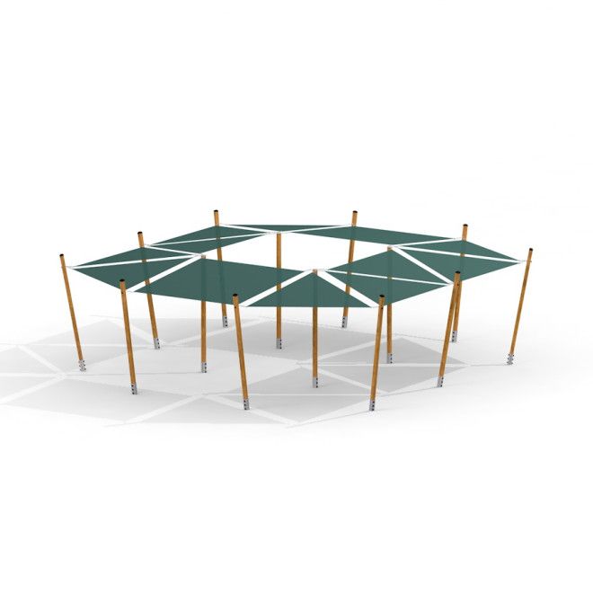 Sun Shades playground canopy with wooden poles and green fabric panels providing shade.