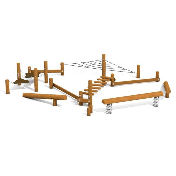 Gobi playground climbing structure with various wooden beams and obstacles for children.