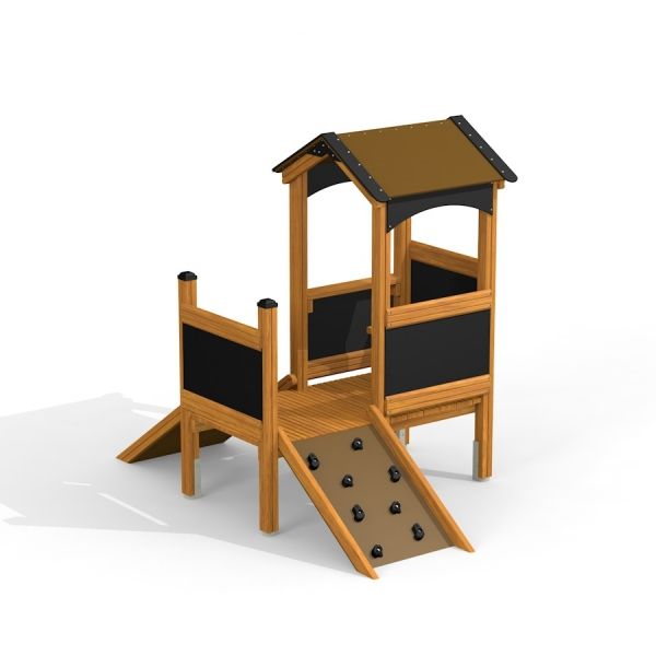 Wooden playground structure with climbing wall and slide - Playhouse Nature.