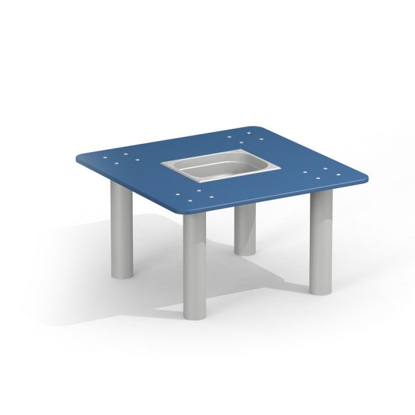 A blue and gray Sand & Water Table with four legs and a built-in basin.