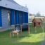 Sand & Water Play Table Nature in a backyard play area with a blue building and a small wooden house
