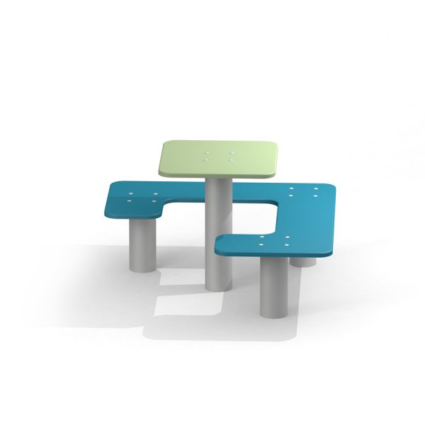 Square bench and table with green tabletop and blue benches.