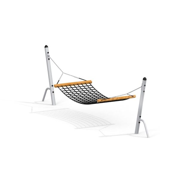 Hammock with metal frame and wooden supports.