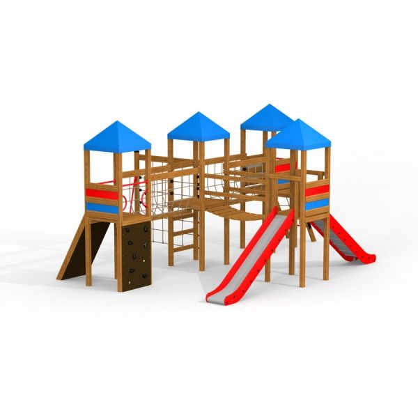 Sphinx castle with slide playground structure with blue roofs and red slides