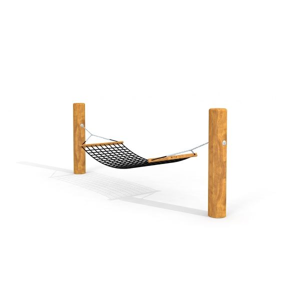 Wooden hammock stand with black net hammock.