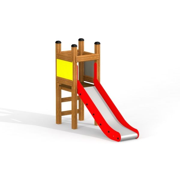 Toddler Tower Slide with red slide and wooden ladder.