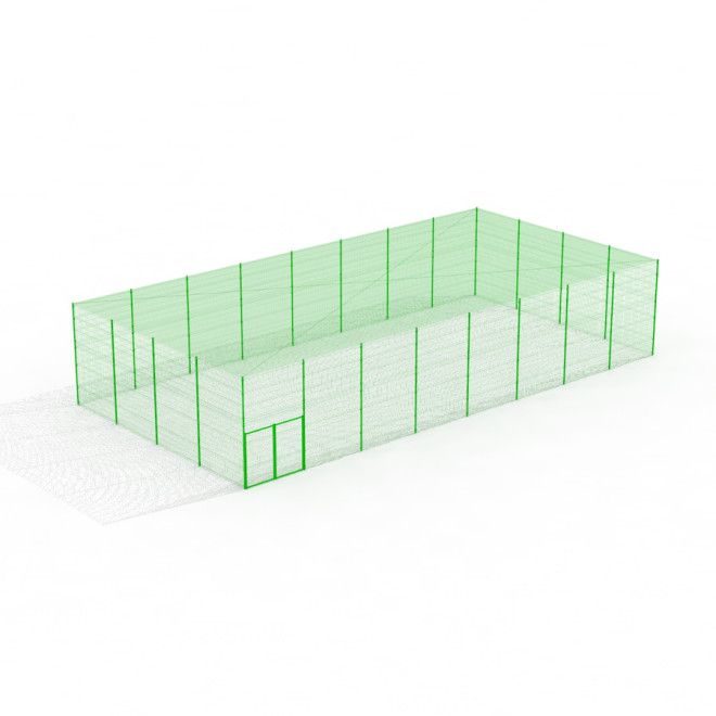 Green secure multisport area playground enclosed by a high fence.