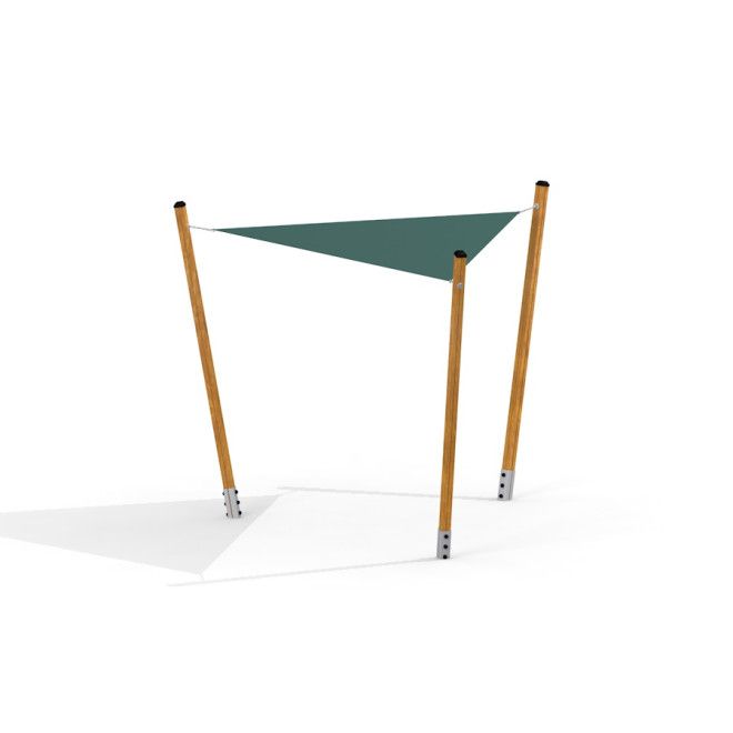 Sun Shade Triangle 3x3x3 Pioneer with wooden posts and green fabric canopy