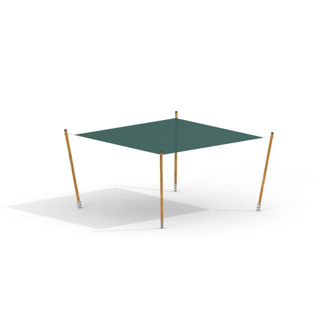 Sun Shade Square Pioneer with wooden poles and green fabric canopy for playground shade.