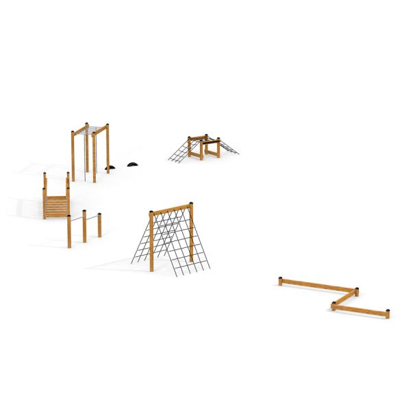 Outdoor playground equipment 'Classic Nature Trim Trail' with climbing nets and balance beams.
