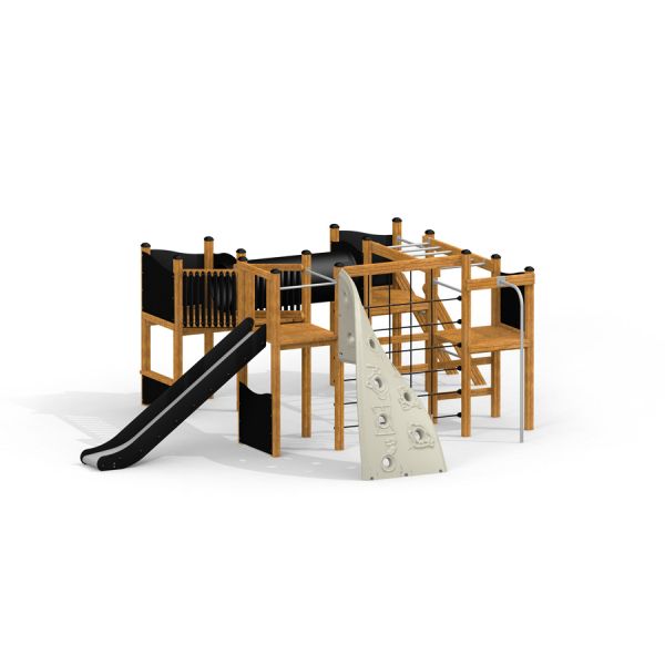 Playground equipment Challenger Aztec Nature II with slide and climbing wall.