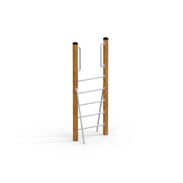 Vertical wooden ladder with metal steps.