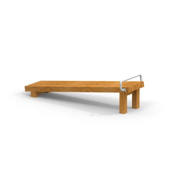Wooden gymnastic bench with metal handrail.