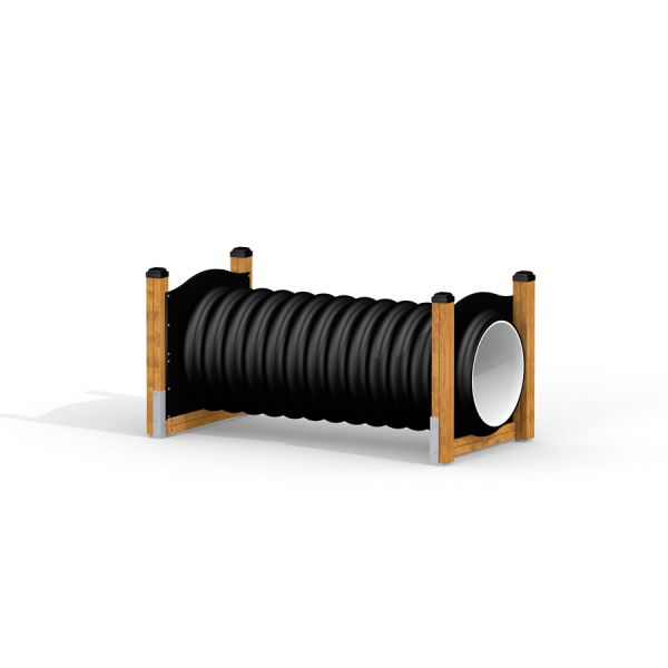 Playground Tunnel Climbing Structure Made of Wood and Black Plastic