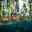 Wooden outdoor playground structure for kids Jumping pegs in a park with trees and buildings in the 