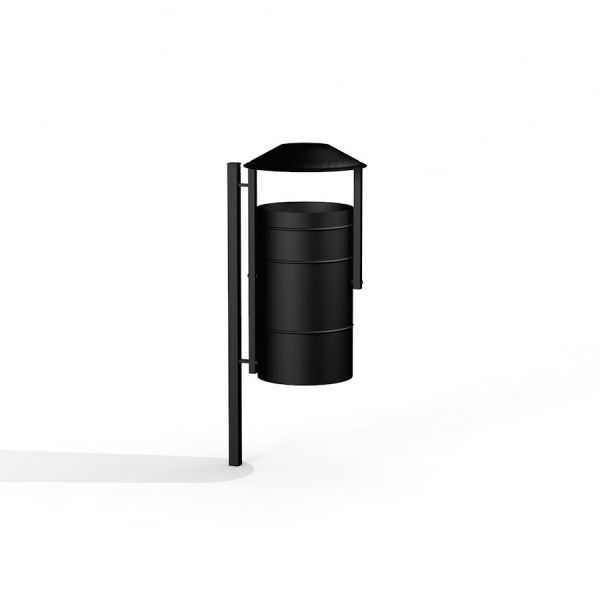City bin - outdoor black litter bin with a roof and post mount.