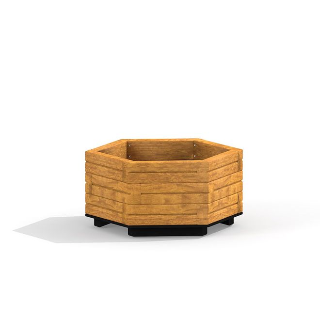Wooden flowerpot IV - hexagonal wooden planter in light brown finish.