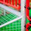 Close-up of Allianz Arena playground equipment with red metal bars and wire mesh.