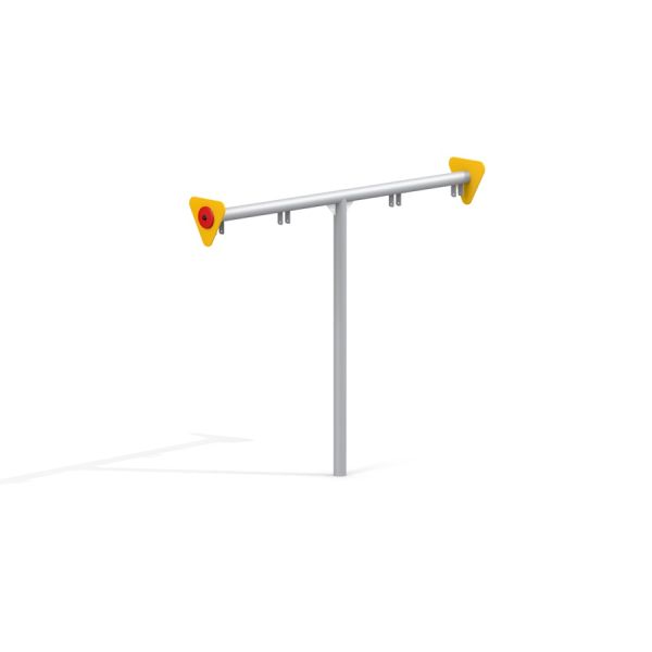 Double swing metal frame with yellow supports.
