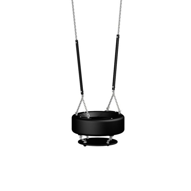 Swing seat: Tire Bay Seat in black with hanging chains.
