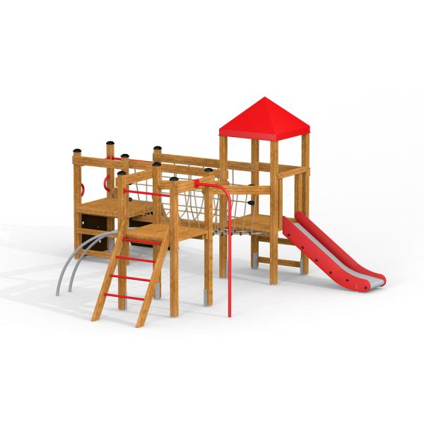 Wooden playground structure with red slide and climbing elements for Lemur single slide.