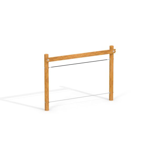 Bamboo play structure with wooden frame and horizontal bars.