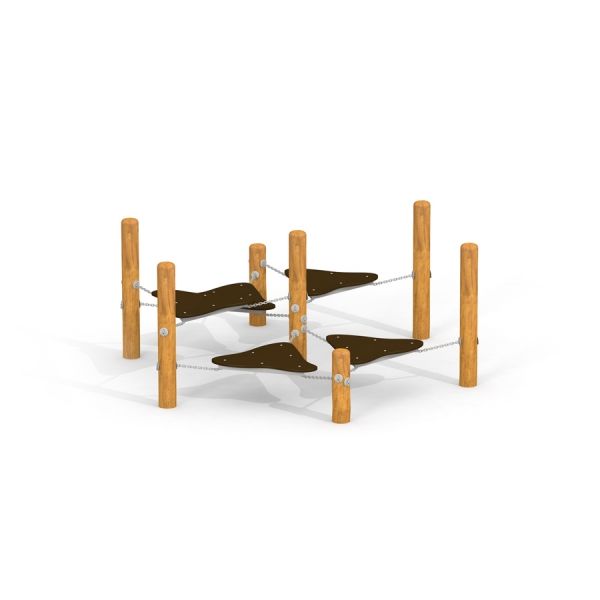 Playground climbing structure Kentucky Double with wooden posts and black platforms.