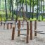 Playground equipment Kentucky Double constructed with wooden posts and platforms.