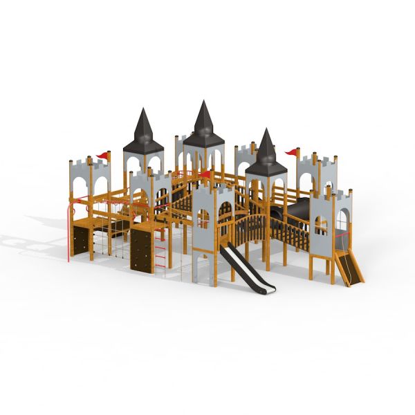 Playground structure Windsor castle with slide featuring towers and climbing elements.