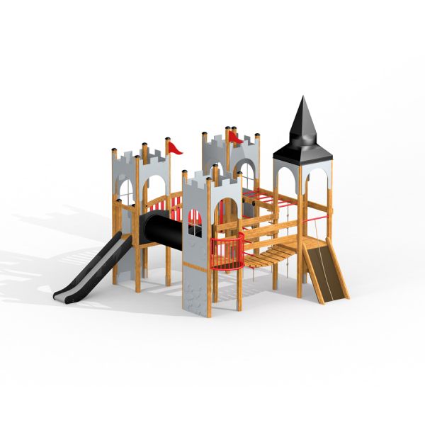 Castle-themed playground with slide and climbing elements from Camelot castle with slide.