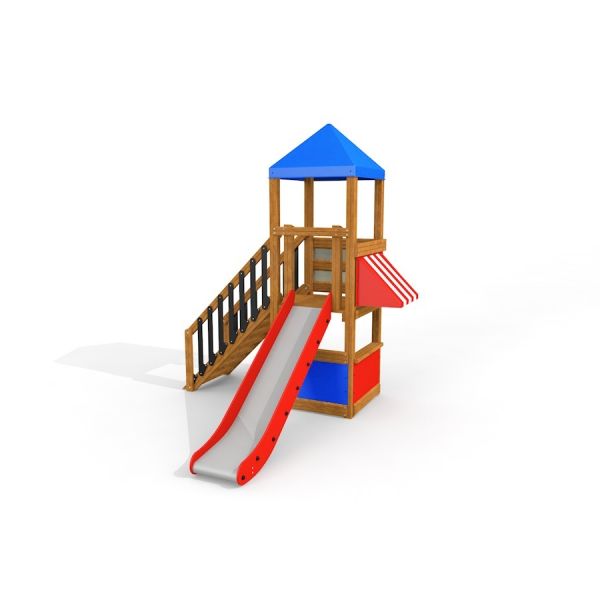 Logo Tower playhouse with slide featuring a wooden structure with a blue and red roof and slide.