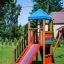 Logo Tower playhouse with slide in a colorful playground.