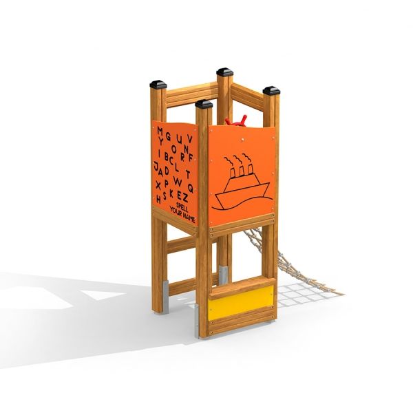 Children's play tower Nemo with climbing net and educational panels.